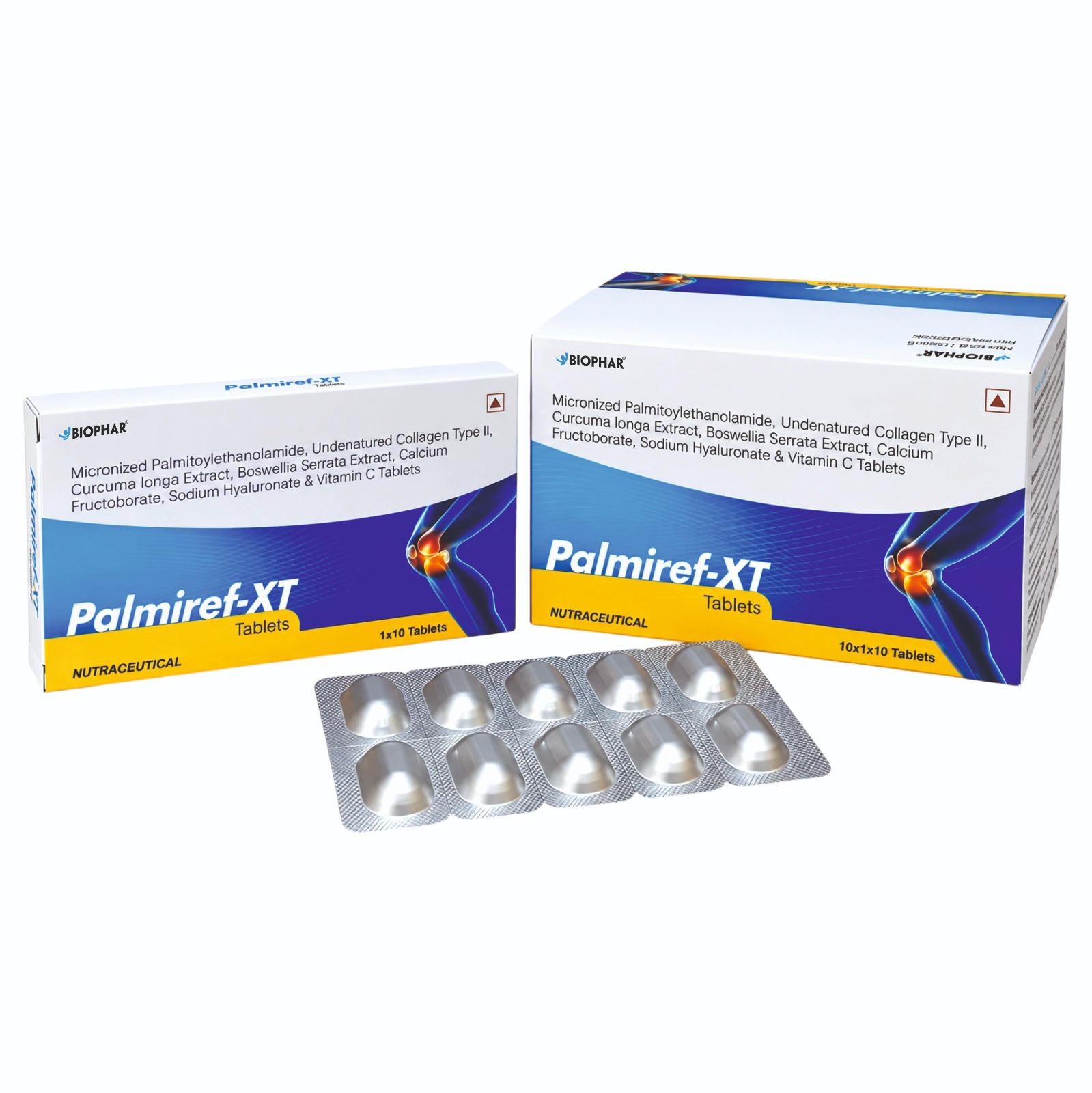 Palmiref-XT–Micronized Palmitoylethanolamide Undenatured Collagen Type II Curcuma longa Extract Boswellia Serrata Extract Calcium Fructoborate Sodium Hyaluronate and Vitamin C Tablets